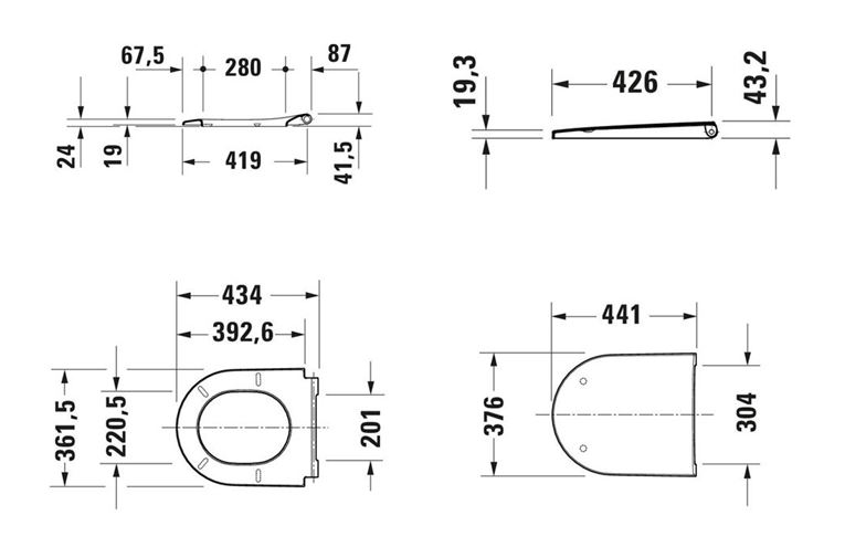 DURAVIT D-NEO závesné WC, so SoftClose sedátkom, Rimless splachovanie 45780900A1 Technický nákres