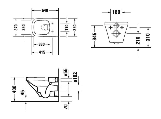 DURAVIT DURASTYLE závesné WC, Rimless splachovanie 2551090000 Technický nákres
