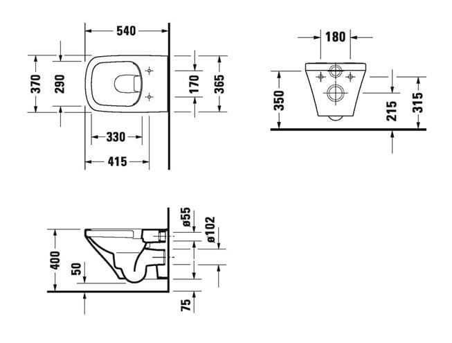 DURAVIT DURASTYLE závesné WC, Rimless splachovanie, WonderGliss 25380900001 Technický nákres