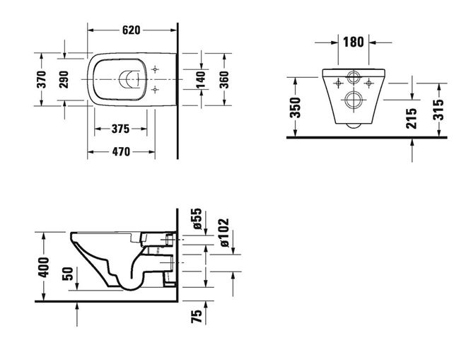 DURAVIT DURASTYLE závesné WC, Rimless splachovanie, WonderGliss 25420900001 Technický nákres