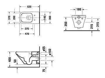DURAVIT DURASTYLE závesné WC, Rimless splachovanie, WonderGliss 25420900001 Technický nákres