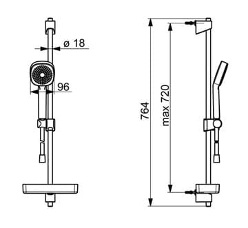 HANSA BASICJET sprchová súprava 4-dielna, ručná sprcha 96x96 mm, tyč, hadica, mydelnička, chróm 44770111 Technický nákres