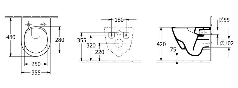 VILLEROY & BOCH SUBWAY 2.0 závesné WC, DirectFlush splachovanie, alpská biela 5606R001 Technický nákres