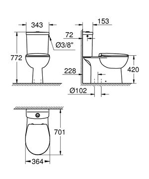 GROHE BAU CERAMIC WC kombi, so SoftClose sedadlom, Rimless splachovanie, spodný odpad, Dual-Flush, bočné napúšťanie, alpská biela 39346000 Technický nákres