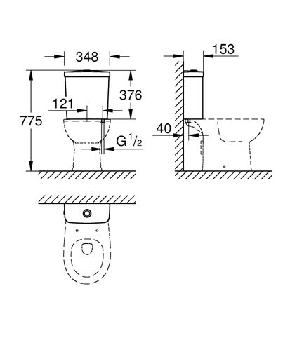 GROHE BAU CERAMIC WC kombi nádržka, spodný prívod vody, alpská biela 39436000 Technický nákres