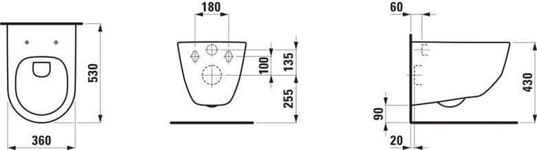 LAUFEN PRO závesné WC, Rimless splachovanie H8209660000001 Technický nákres