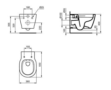 IDEAL STANDARD CONNECT závesné WC, Rimless, Ideal Plus, alpská biela E8174MA Technický nákres