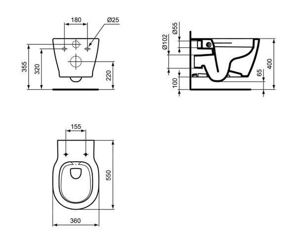 IDEAL STANDARD CONNECT závesné WC, Rimless, Ideal Plus, alpská biela E8174MA Technický nákres