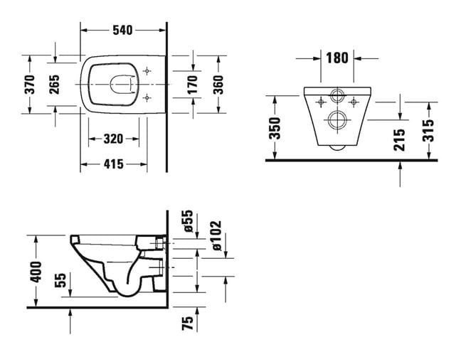 DURAVIT DURASTYLE závesné WC, WonderGliss 25360900001 Technický nákres