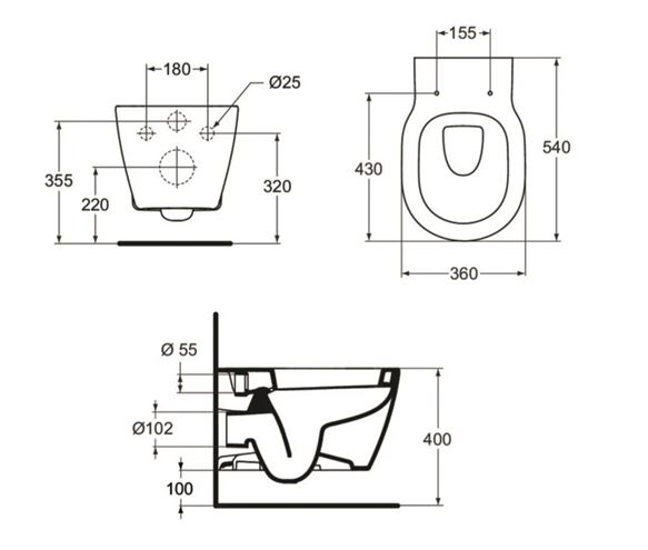 IDEAL STANDARD CONNECT závesné WC E823201 Technický nákres