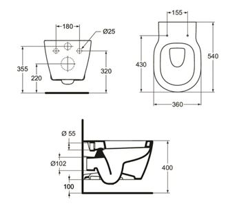 IDEAL STANDARD CONNECT závesné WC E823201 Technický nákres