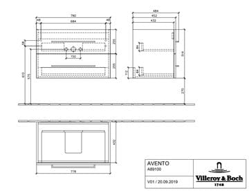 VILLEROY & BOCH AVENTO skrinka pod umývadlo 78x48,4x51,4 cm, 2 zásuvky, Crystal White A89100B4 Technický nákres