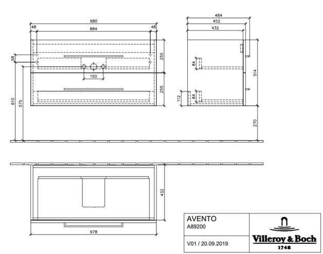 VILLEROY & BOCH AVENTO skrinka pod umývadlo 98x48,4x51,4 cm, 2 zásuvky, Crystal White A89200B4 Technický nákres