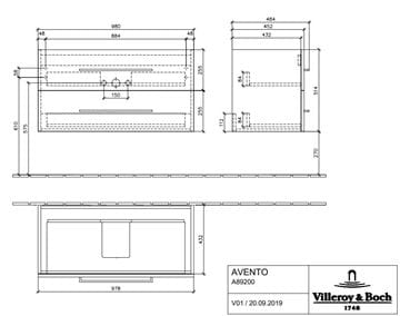 VILLEROY & BOCH AVENTO skrinka pod umývadlo 98x48,4x51,4 cm, 2 zásuvky, Crystal White A89200B4 Technický nákres