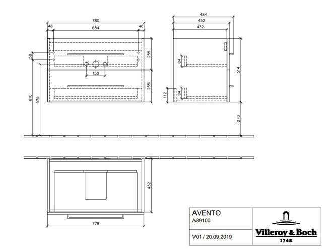 VILLEROY & BOCH AVENTO skrinka pod umývadlo 78x48,4x51,4 cm, 2 zásuvky, Crystal Grey A89100B1 Technický nákres