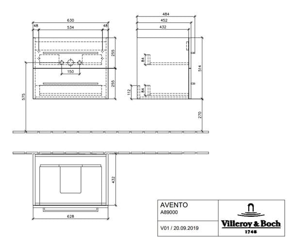 VILLEROY & BOCH AVENTO skrinka pod umývadlo 63x48,4x51,4 cm, 2 zásuvky, Crystal White A89000B4 Technický nákres