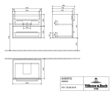 VILLEROY & BOCH AVENTO skrinka pod umývadlo 63x48,4x51,4 cm, 2 zásuvky, Crystal White A89000B4 Technický nákres