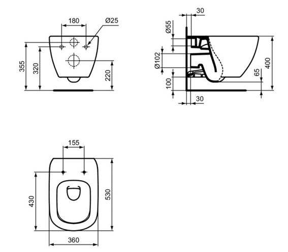 IDEAL STANDARD TESI závesné WC, AquaBlade splachovanie, čierna T0079V3 Technický nákres