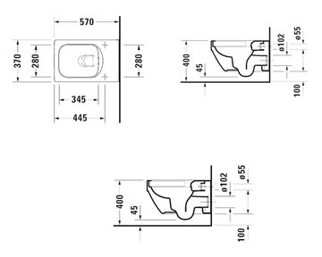 DURAVIT VERO AIR závesné WC, Rimless splachovanie, WonderGliss 25250900001 Technický nákres