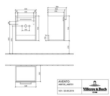 VILLEROY & BOCH AVENTO skrinka pod umývadlo 43x38,4x51,4 cm, 1 dvierka, pánty vpravo, Crystal White A88701B4 Technický nákres