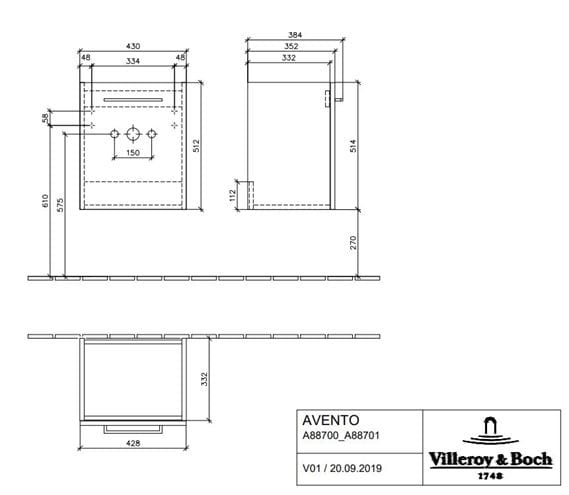 VILLEROY & BOCH AVENTO skrinka pod umývadlo 43x38,4x51,4 cm, 1 dvierka, pánty vpravo, Crystal White A88701B4 Technický nákres
