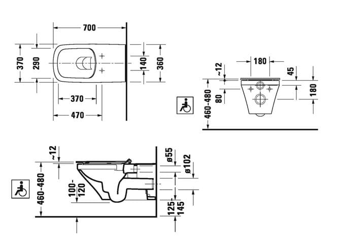 DURAVIT DURASTYLE bezbariérové závesné WC, Rimless splachovanie 2559090000 Technický nákres