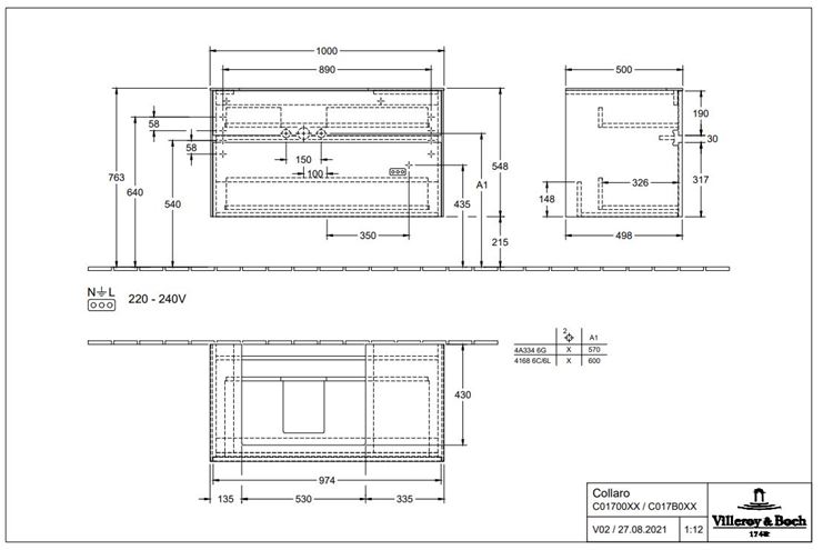 VILLEROY & BOCH COLLARO skrinka pod umývadlo 100x50x54,8 cm, 2 zásuvky, Truffle Grey C01700VG Technický nákres