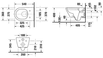 DURAVIT D-NEO závesné WC, Rimless splachovanie, HygieneGlaze 2577092000 Technický nákres