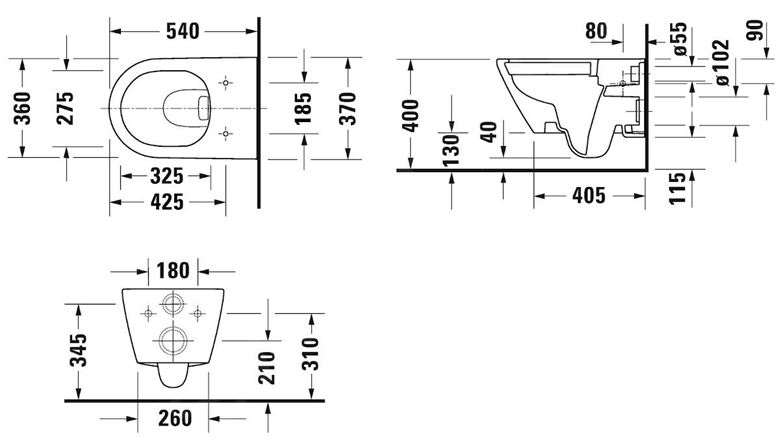 DURAVIT D-NEO závesné WC, Rimless splachovanie, HygieneGlaze 2577092000 Technický nákres