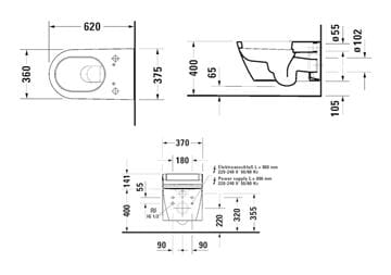 DURAVIT STARCK 2 závesné WC pre bidetové sedadlo SensoWash 2533590000 Technický nákres