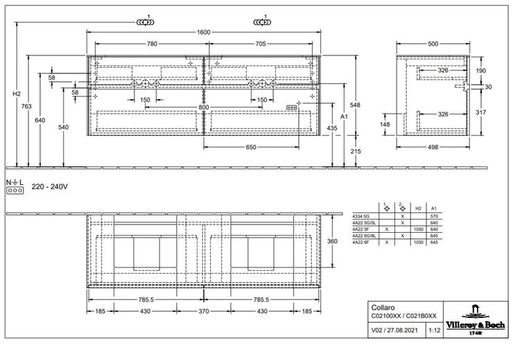 VILLEROY & BOCH COLLARO skrinka pod umývadlá 160x50x54,8 cm, 4 zásuvky, Truffle Grey C02100VG Technický nákres