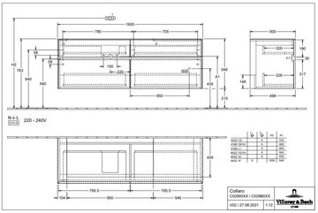 VILLEROY & BOCH COLLARO skrinka pod umývadlo 160x50x54,8 cm, 4 zásuvky, Truffle Grey C02900VG Technický nákres