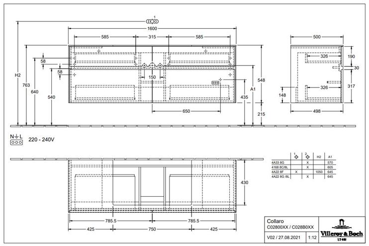 VILLEROY & BOCH COLLARO skrinka pod umývadlo 160x50x54,8 cm, 4 zásuvky, Truffle Grey C02800VG Technický nákres