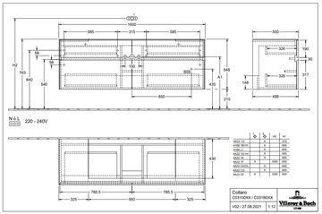 VILLEROY & BOCH COLLARO skrinka pod umývadlo 160x50x54,8 cm, 4 zásuvky, Truffle Grey C03100VG Technický nákres