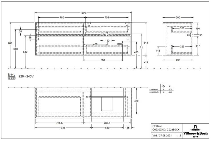 VILLEROY & BOCH COLLARO skrinka pod umývadlo 160x50x54,8 cm, 4 zásuvky, Truffle Grey C02300VG Technický nákres