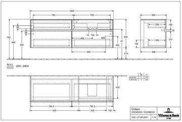 VILLEROY & BOCH COLLARO skrinka pod umývadlo 160x50x54,8 cm, 4 zásuvky, Truffle Grey C02300VG Technický nákres