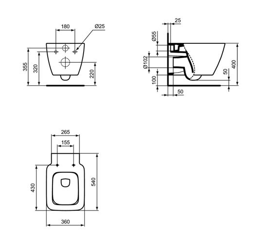 IDEAL STANDARD STRADA II závesné WC, AquaBlade splachovanie T299701 Technický nákres