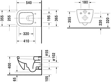 DURAVIT HAPPY D.2 závesné WC 2221090000 Technický nákres