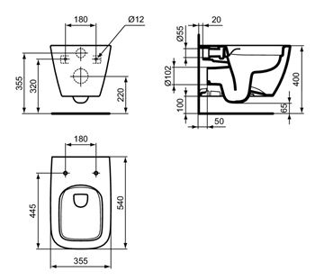 IDEAL STANDARD I.LIFE B závesné WC, Rimless splachovanie T461401 Technický nákres