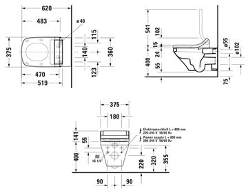 DURAVIT DURASTYLE závesné WC pre bidetové sedadlo SensoWash, WonderGliss 25375900001 Technický nákres