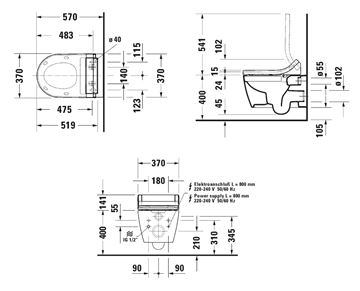 DURAVIT ME BY STARCK závesné WC pre bidetové sedadlo SensoWash, Rimless splachovanie 2529590000 Technický nákres
