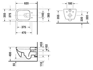 DURAVIT HAPPY D.2 závesné WC, Rimless splachovanie 2550090000 Technický nákres