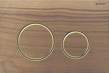 GEBERIT SIGMA 50 ROUND ovládacie tlačidlo pre dve splachovania, easy-to-clean, zinok/drevo, mosadz/americký orech