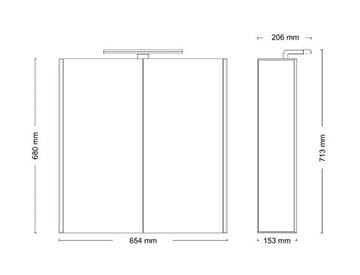 JOKEY DEKOR ALU LED zrkadlová skrinka 65,4x71,3x20,6 cm, osvetlenie, s vypínačom a el. zásuvkou, hliník, zrkadlo 124512020-0122 Technický nákres
