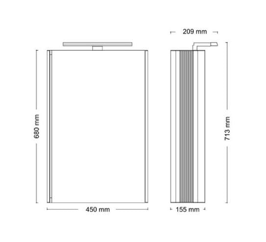 JOKEY SINGLE ALU LED zrkadlová skrinka 45x21x71, 5 cm, osvetlenie, s vypínačom a el. zásuvkou, hliník, alumínium 124211120-0190 Technický nákres
