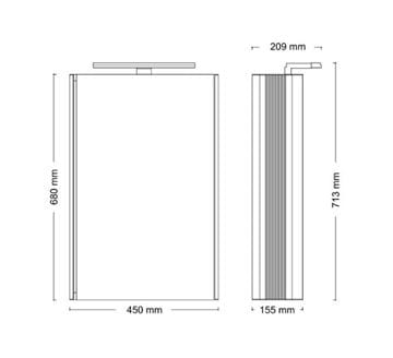JOKEY SINGLE ALU LED zrkadlová skrinka 45x21x71, 5 cm, osvetlenie, s vypínačom a el. zásuvkou, hliník, alumínium 124211120-0190 Technický nákres