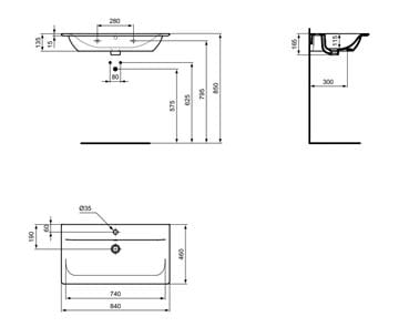 IDEAL STANDARD CONNECT AIR umývadlo 84 cm, s otvorom pre batériu a prepadom, matná čierna E0279V3 Technický nákres