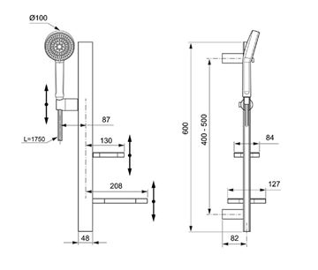 IDEAL STANDARD IDEALRAIN ALU+ sprchová súprava 5-dielna, ručná sprcha pr. 100 mm, 2 prúdy, tyč, hadica, mydelnička, polička, matná čierna BD586XG Technický nákres
