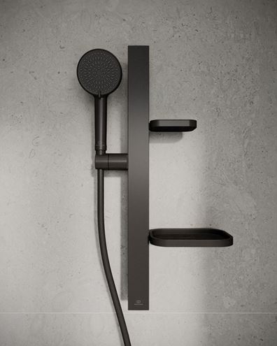 IDEAL STANDARD IDEALRAIN ALU+ sprchová súprava 5-dielna, ručná sprcha pr. 100 mm, 2 prúdy, tyč, hadica, mydelnička, polička, matná čierna BD586XG Obrázek - fotka
