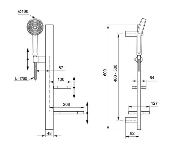 IDEAL STANDARD IDEALRAIN ALU+ sprchová súprava 5-dielna, ručná sprcha pr. 100 mm, 2 prúdy, tyč, hadica, mydelenka, polička, chróm BD586SI Technický nákres